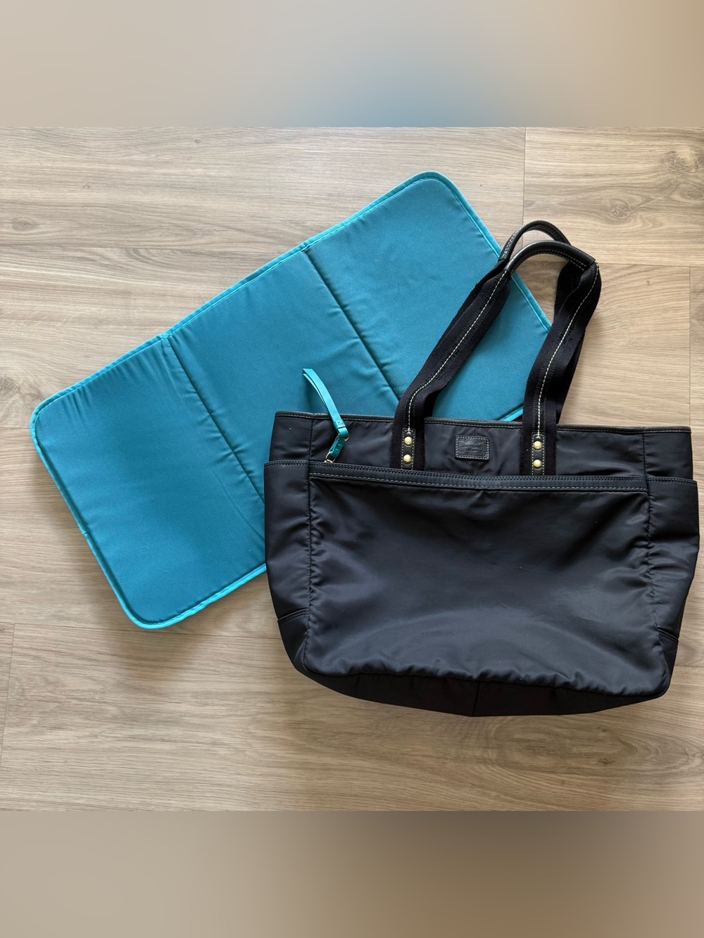 Coach Black Nylon Tote / Diaper Bag with Teal Interior & Changing Pad